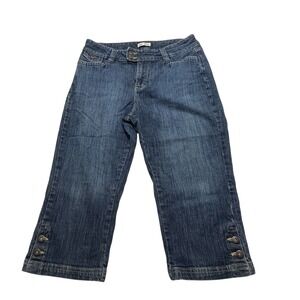 Lee 1889 Denim Capri Pants Just Below Waist Button Accent Womens 12M Dark Wash‎